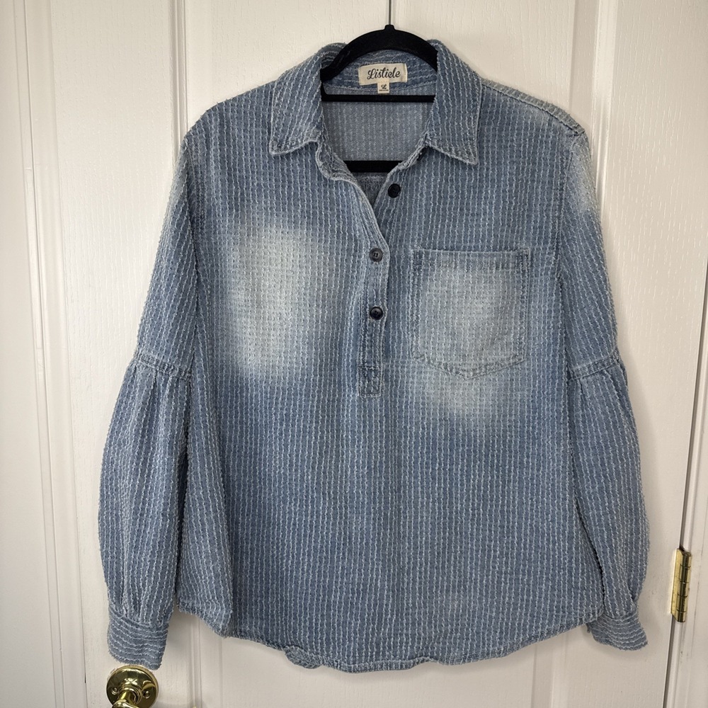 Listicle Textured Stripe Denim Popover Shirt Womens L Chambray Oversized Boho